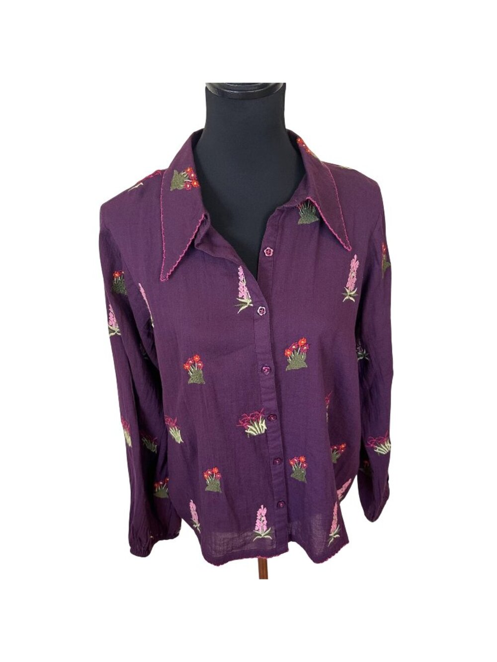 Ivy Jane Womens Purple Top Floral Embroidered Button Up Blouse Cotton